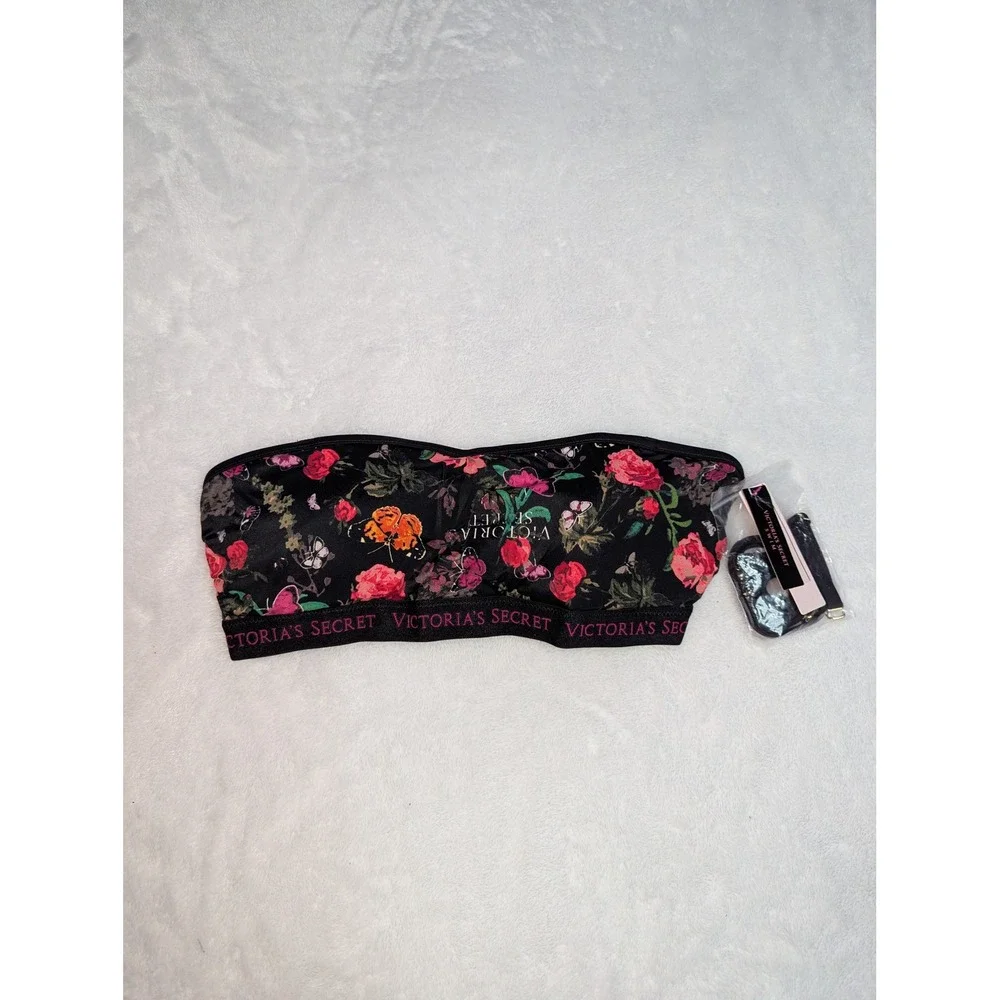 Victoria's Secret Swim Floral Bandeau Bikini Top Logo Band Black Multi M NWT‎